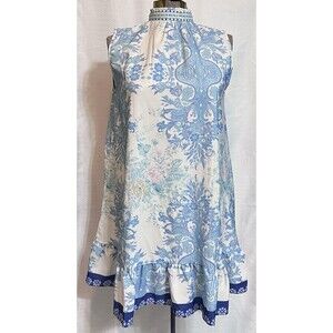 Sleeveless Smocked Neck A Line Floral Paisley Womens S Blue Boho Beachy Summer